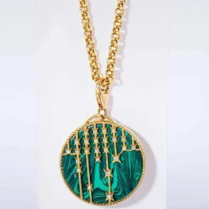 18K YELLOW GOLD NECKLACE WITH WHITE DIAMOND AND MALACHITE