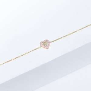 18K YELLOW GOLD HEART BRACELET WITH WHITE DIAMOND AND PINK ENAMEL