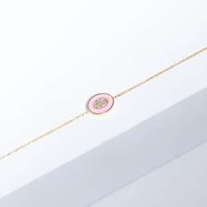 18K YELLOW GOLD OVAL BRACELET WITH WHITE DIAMOND AND PINK ENAMEL