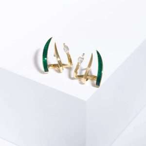 18K YELLOW GOLD EARRINGS WITH WHITE DIAMOND AND GREEN ENAMEL