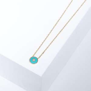 18K YELLOW GOLD NECKLACE WITH WHITE DIAMOND AND BLUE ENAMEL