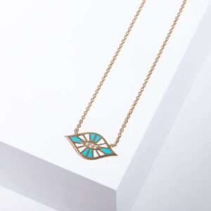 18K PINK GOLD EYE NECKLACE WITH WHITE DIAMOND AND BLUE & WHITE ENAMEL