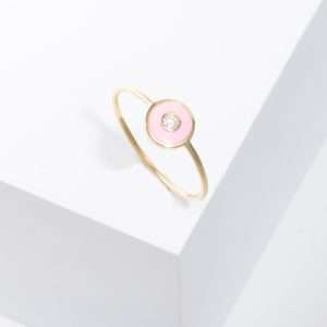18K YELLOW GOLD RING WITH WHITE DIAMOND AND PINK ENAMEL