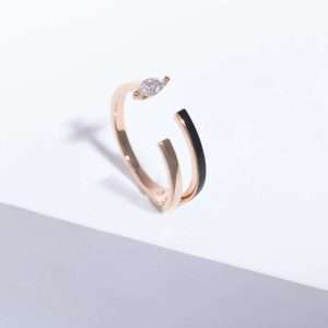 18K PINK GOLD RING WITH WHITE DIAMOND AND BLACK ENAMEL