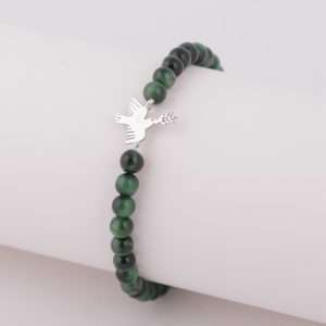 18K WHITE GOLD KOURA BRACELET WITH WHITE DIAMOND AND GREEN TIGER EYE STONE