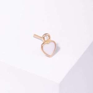 18K YELLOW GOLD SINGLE STUD HEART EARRING WITH WHITE DIAMOND AND PINK ENAMEL
