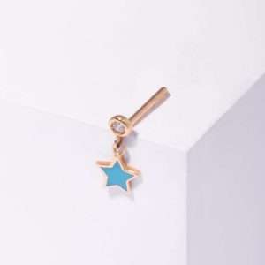 18K YELLOW GOLD SINGLE STAR EARRING WITH WHITE DIAMOND AND BLUE ENAMEL