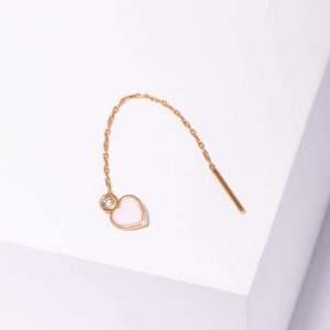 18K YELLOW GOLD SINGLE HEART DANGLING EARRING WITH WHITE DIAMOND AND PINK ENAMEL