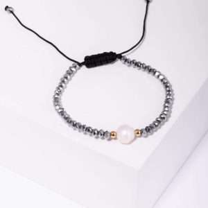 18K YELLOW GOLD BEADS BRACELET WITH PEARL AND STONE ON CORDON