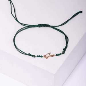 18K YELLOW GOLD BIRD SHAPE BRACELET WITH GREEN STONE ON CORDON