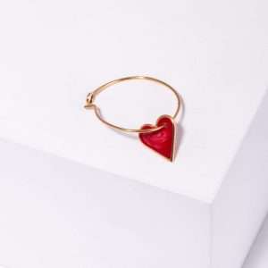 18K YELLOW GOLD SINGLE HEART EARRING WITH RED ENAMEL