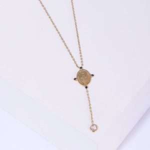 18K YELLOW GOLD VIRGIN MARY NECKLACE WITH DANGLING WHITE DIAMOND