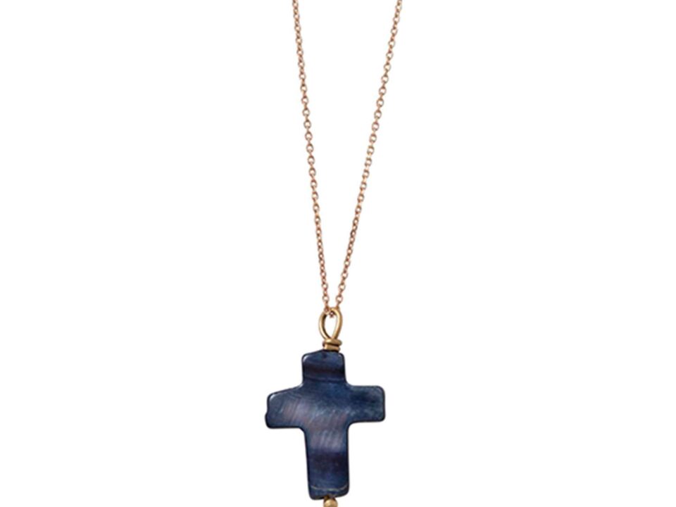 Navy Blue Mother Of Pearl Cross Necklace