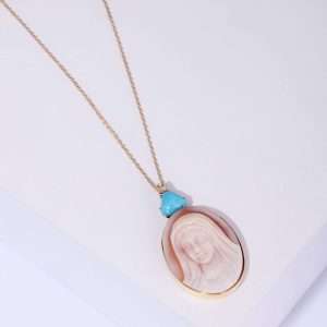 18K YELLOW GOLD VIRGIN MARY NECKLACE WITH BROWN DIAMOND