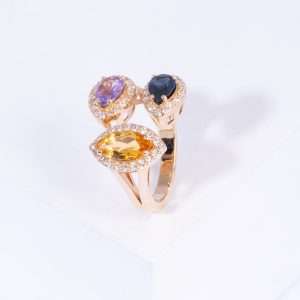 18K PINK GOLD OPEN RING WITH WHITE DIAMOND AND COLORED STONES