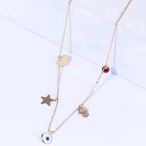 18K YELLOW GOLD DANGLING CHARMS NECKLACE WITH RED STONE