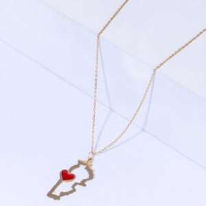 18K YELLOW GOLD LEBANON MAP NECKLACE WITH RED ENAMEL HEART