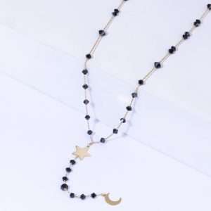 18K YELLOW GOLD MOON AND STAR NECKLACE WITH BLACK STONE
