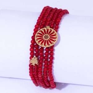 18K YELLOW GOLD TRIPOLI BRACELET WITH HAMMERED COIN, RED BANBOO STONE AND RED ENAMEL