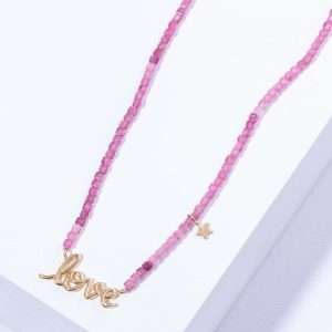 18K YELLOW GOLD LOVE NECKLACE WITH PINK STONE