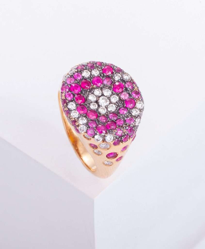 18K PINK GOLD RING WITH WHITE DIAMOND AND RUBY