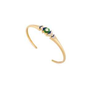 18K YELLOW GOLD BANGLE WITH WHITE DIAMOND & BLUE AND GREEN ENAMEL