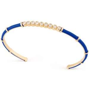 18K YELLOW GOLD BANGLE WITH WHITE DIAMOND & BLUE ENAMEL