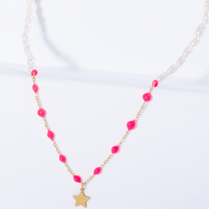 18K YELLOW GOLD CHOKER WITH PEARL AND PINK ENAMEL