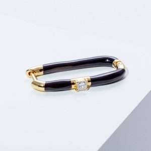 18K YELLOW GOLD SINGLE EARRING WITH WHITE DIAMOND AND BLACK ENAMEL