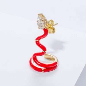 18K YELLOW GOLD SINGLE EARRING WITH WHITE DIAMOND AND RED EBNAMEL