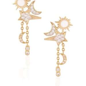 18K YELLOW GOLD EARRING WITH WHITE DIAMOND WHITE ENAMEL