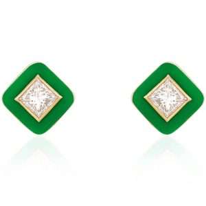 18K YELLOW GOLD EARRING WITH WHITE DIAMOND & GREEN ENAMEL