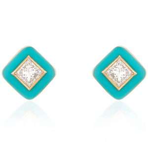 18K YELLOW GOLD EARRING WITH WHITE DIAMOND & TURQUOISE ENAMEL