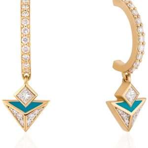 18K YELLOW GOLD EARRING WITH WHITE DIAMOND & TURQUOISE ENAMEL