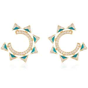18K YELLOW GOLD EARRING WITH WHITE DIAMOND & TURQUOISE ENAMEL