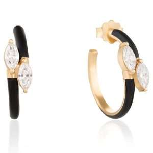 18K YELLOW GOLD EARRING WITH WHITE DIAMOND & BLACK ENAMEL