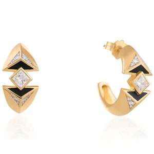18K YELLOW GOLD EARRING WITH WHITE DIAMOND & BLACK ENAMEL