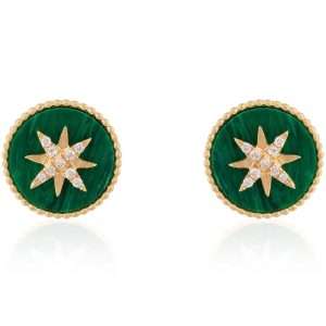 18K YELLOW GOLD EARRING WITH WHITE DIAMOND & MALACHITE