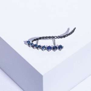 18K WHITE GOLD SINGLE EAR CLIMBER WITH BLACK DIAMOND AND SAPPHIRE