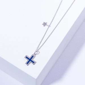 18K WHITE GOLD CROSS NECKLACE WITH BLUE ENAMEL