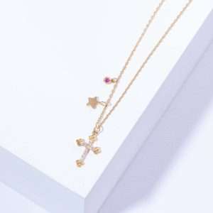 18K YELLOW GOLD CROSS NECKLACE WITH WHITE DIAMOND AND PINK SAPPHIRE