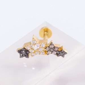 18K SINGLE YELLOW GOLD PIERCING WITH WHITE, BLACK AND BROWN DIAMOND