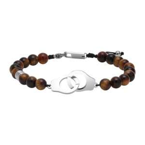 MEN BRACELET WITH TIGER EYE STONE AND TWO LINKED CIRCLES SILVER COLOR