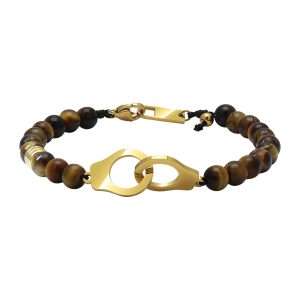 MEN BRACELET WITH TIGER EYE STONE AND TWO LINKED CIRCLES GOLD COLOR