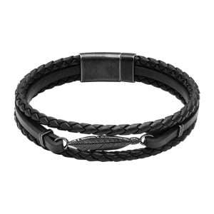 MEN BRACELET BLACK LEATHER WITH FEATHER MOTIF