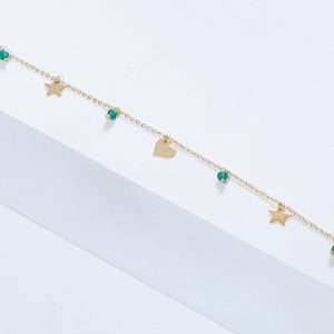 18K YELLOW GOLD ANKLET WITH CHARMS AND GREEN STONE