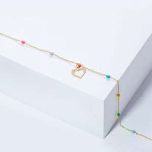 18K YELLOW GOLD HEART ANKLET WITH MULTI-COLORED STONES
