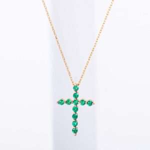 18K YELLOW GOLD CROSS NECKLACE WITH COLORED STONES