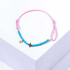 18K YELLOW GOLD CROSS AND STAR BRACELET WITH BEADS