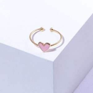 18K  YELLOW GOLD HEART RING WITH PINK ENAMEL